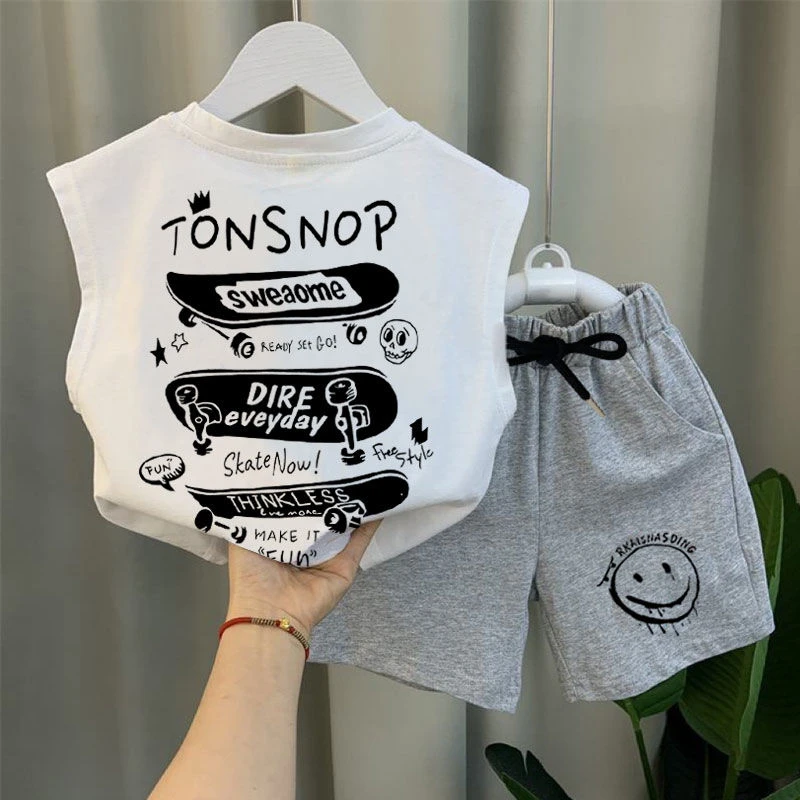 痞帅童装2024夏季新款男童背心套装时髦儿童无袖坎肩中小童两件套