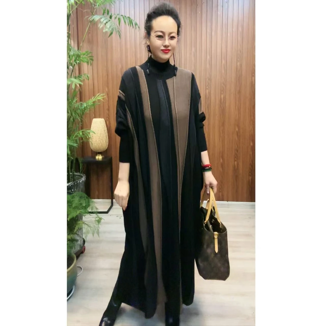 PANZONG/新款秋冬显瘦长袖针织复古宽松拼色时尚气质百搭连衣裙