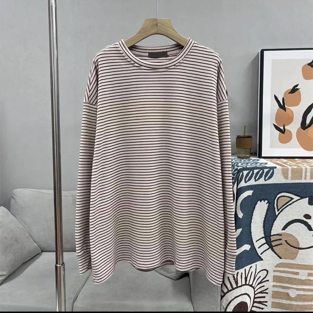 秋季原创新款圆领条纹打底衫女高级加厚德绒宽松大码韩版时髦打底