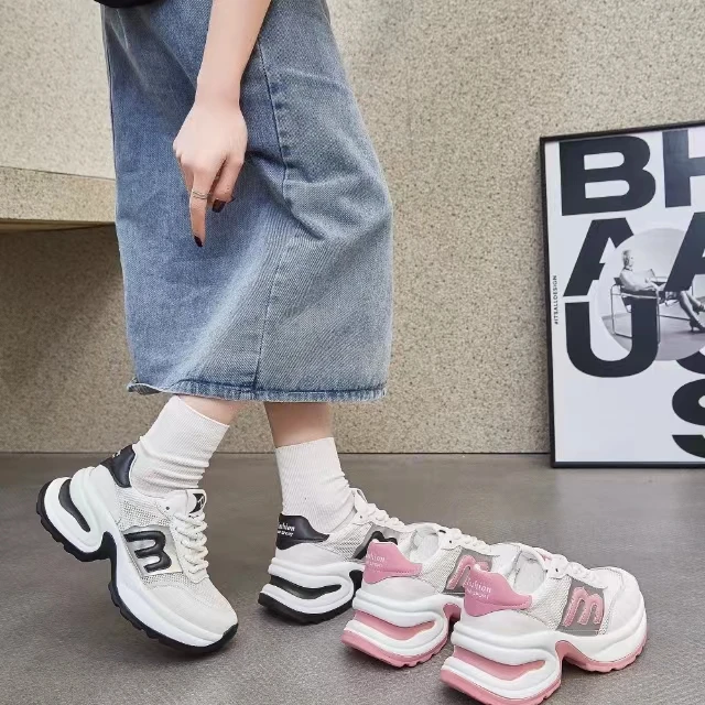休闲鞋2024新款夏季粉色老爹鞋透气英伦风时尚运动311