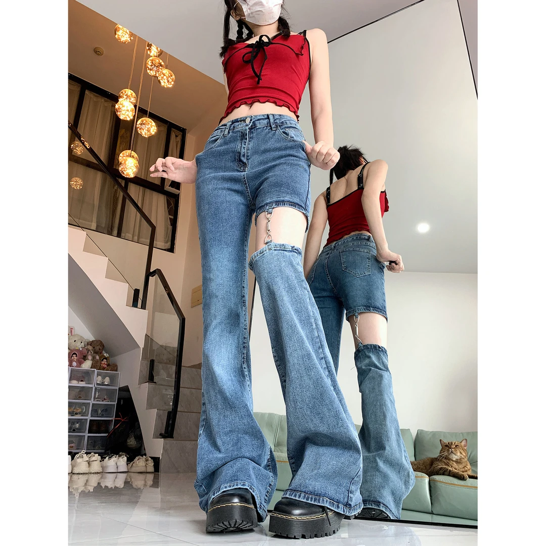 夏季高腰微喇叭牛仔裤女复古高街辣妹镂空修身可拆卸设计感马蹄裤