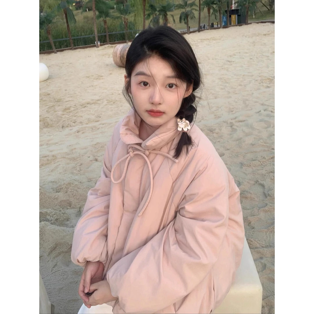 韩系甜美蝴蝶结系带粉色棉服女秋冬季新款保暖花苞棉衣外套面包服