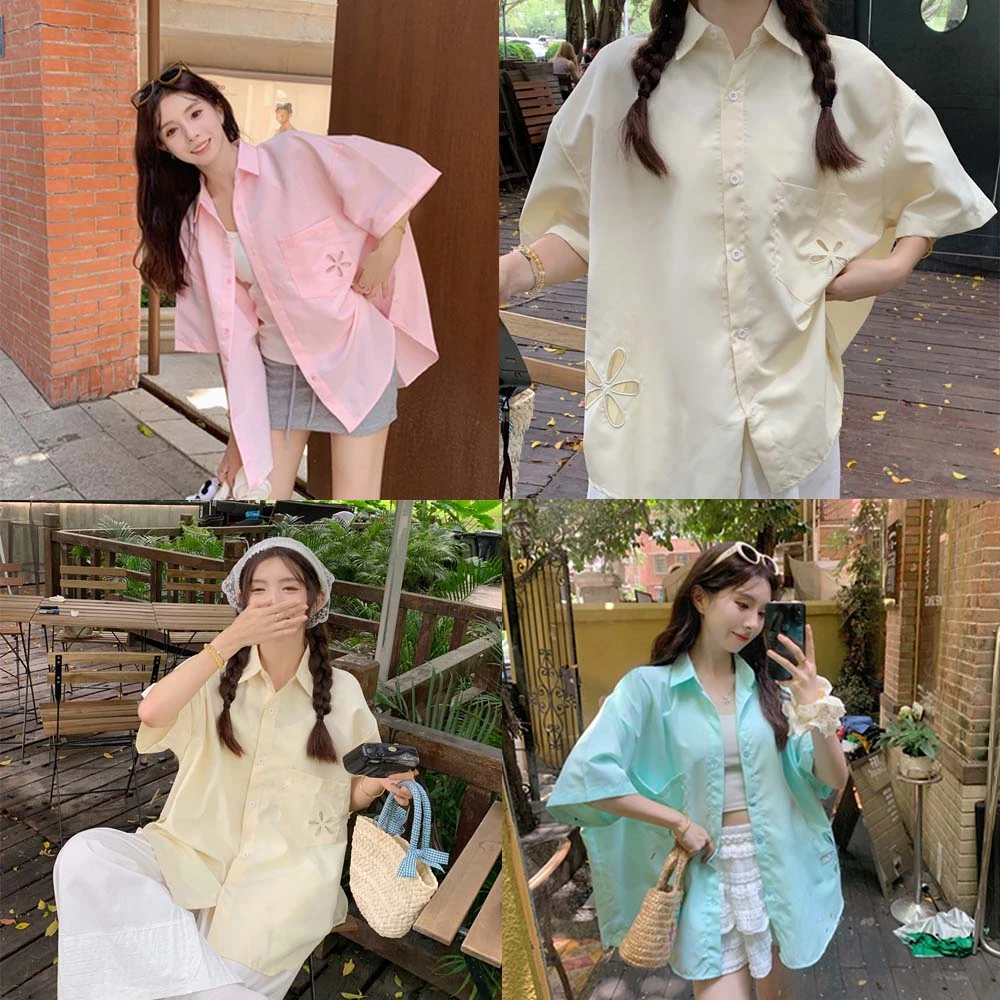 甜美多巴胺色短袖衬衫女夏季2025新款韩系花朵镂空宽松开衫上衣潮