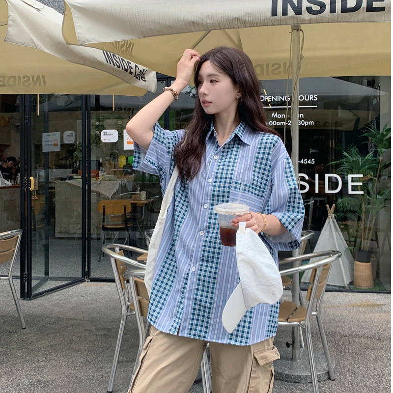 日系复古拼色格子短袖衬衫女夏季新款宽松情侣polo领衬衣小众上衣