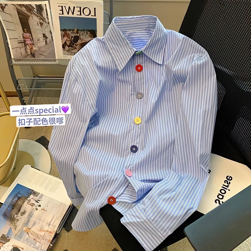 蓝色条纹衬衫女秋季法式小众设计感长袖上衣日系叠穿彩色纽扣衬衣