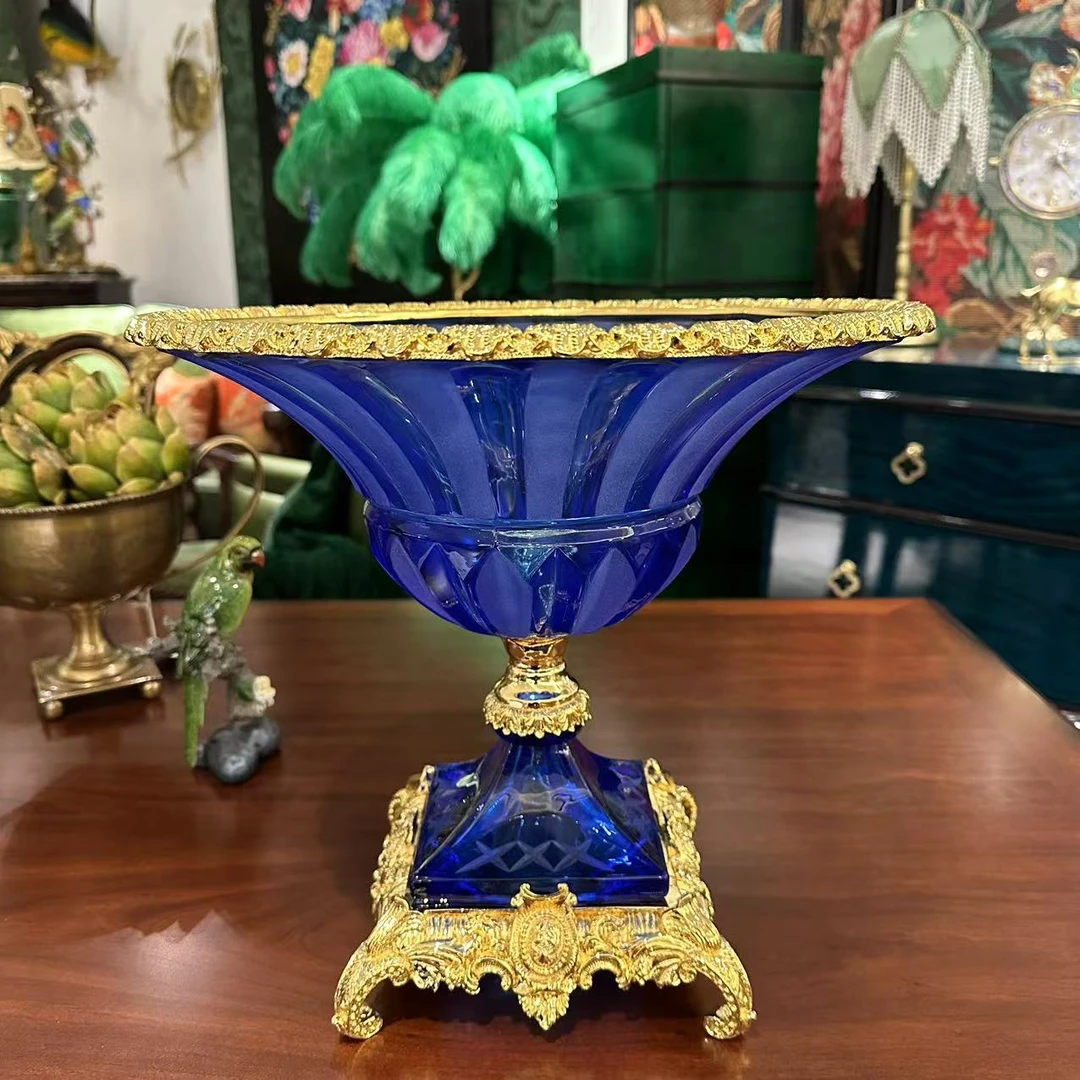 【欧美外单】DG0902镀24K金蓝宝石水晶果盘36*36*33水晶配铜镀24K金