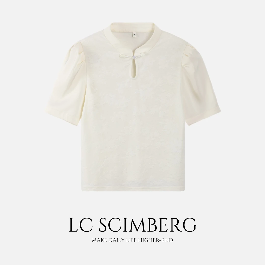 【LC】夏季新款精致提花针织国风盘扣立领拼接缎面袖小衫LC4X230