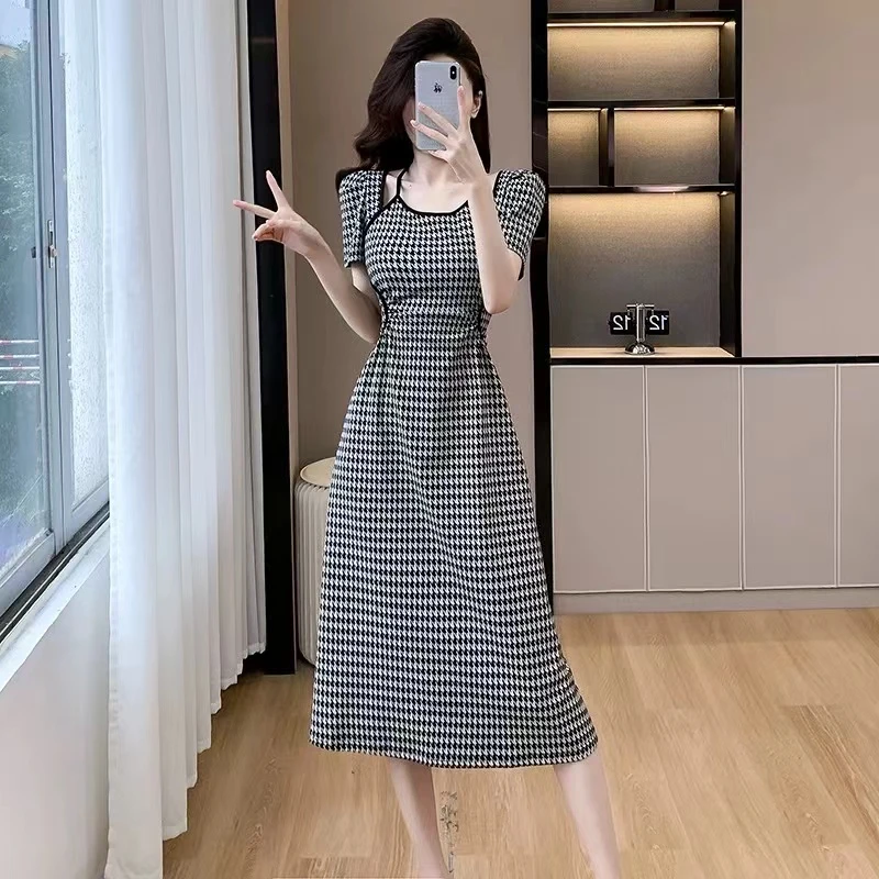 1056雪纺连衣裙子夏季新款短袖女装法式气质温柔格子显瘦