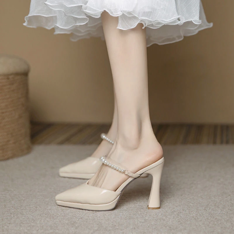 气质白色尖头一字带包头外穿超高跟时尚仙女尖头凉拖鞋粗跟高跟鞋