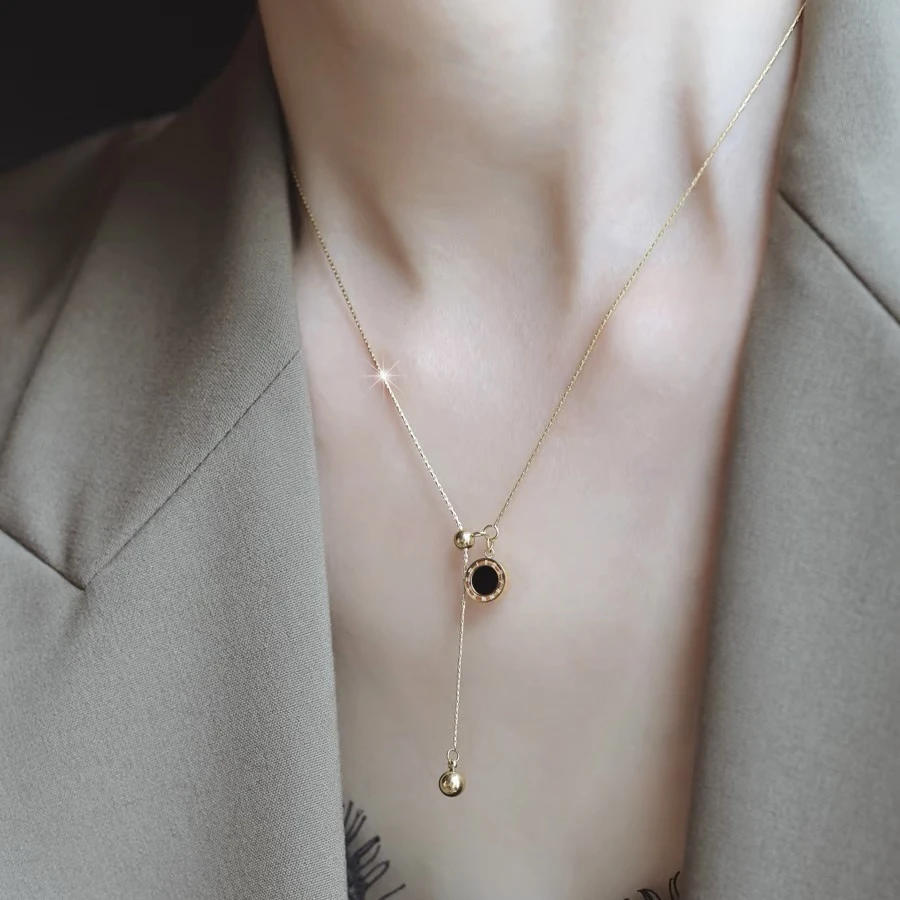 钛钢项链 1036 抽拉可调罗马数字黑白双面圆牌吊坠项链女锁骨链