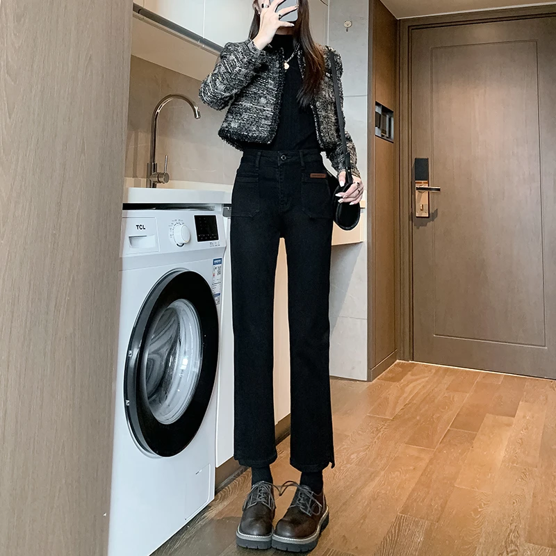 高腰开叉直筒牛仔裤女2023年新款秋冬季小个子修身显瘦九分烟管裤