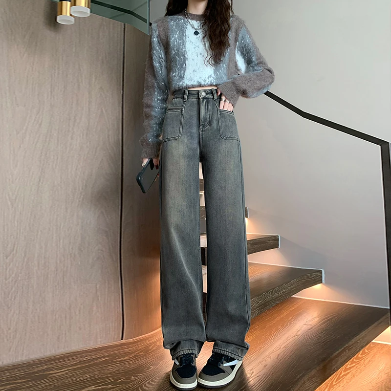 加绒加厚阔腿牛仔裤女高腰秋冬季新款美式复古窄版直筒裤