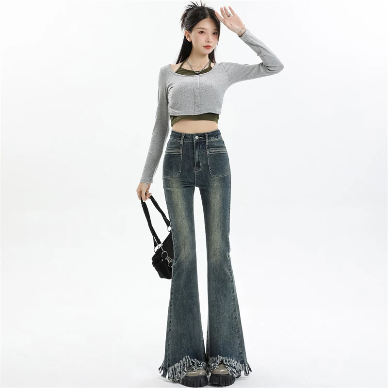 美式复古微喇叭牛仔裤女2023年新款秋冬薄绒高腰显瘦流苏马蹄裤子
