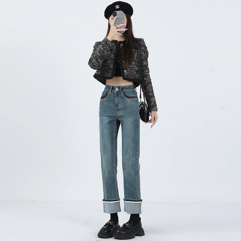 TY904复古直筒牛仔裤女2023新款秋冬季高腰显瘦九分法棍烟管裤子