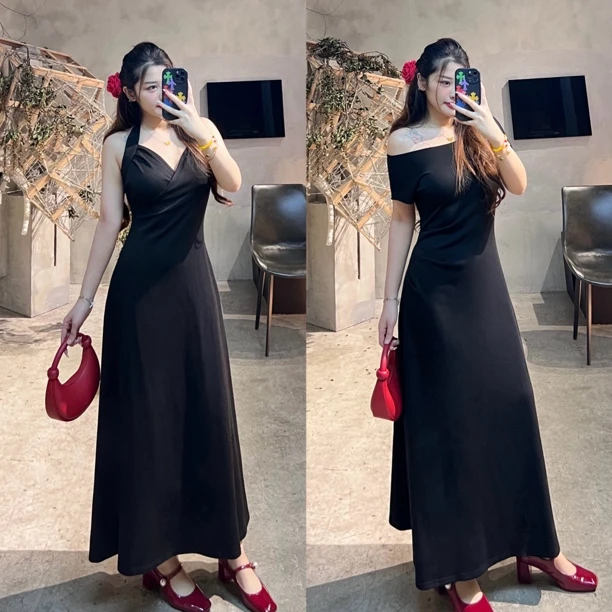 【女神降临】（单挑连衣裙）微胖妹妹夏季设计感掐腰显瘦气质黑色长裙