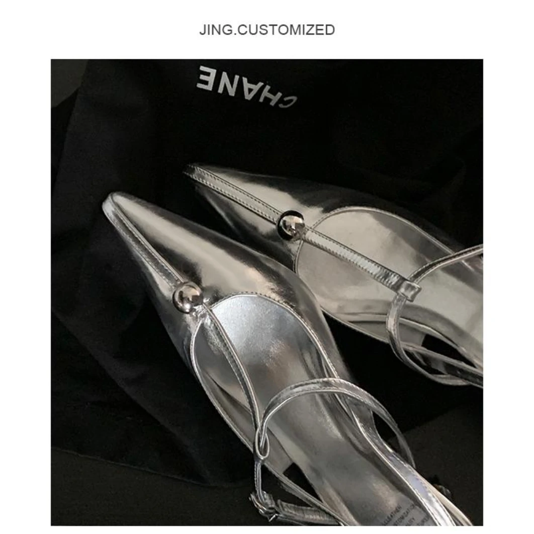 JING 小金豆 （6cm)法式真皮气质尖头包头凉鞋 后空中跟细跟高跟鞋