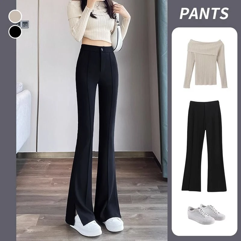 春秋微喇西装裤女夏季薄款小个子高腰黑色显瘦马蹄开叉裤子休闲裤
