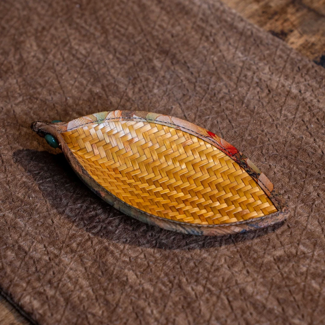 缎面印花树叶手工竹编茶则 茶道创意茶具配件