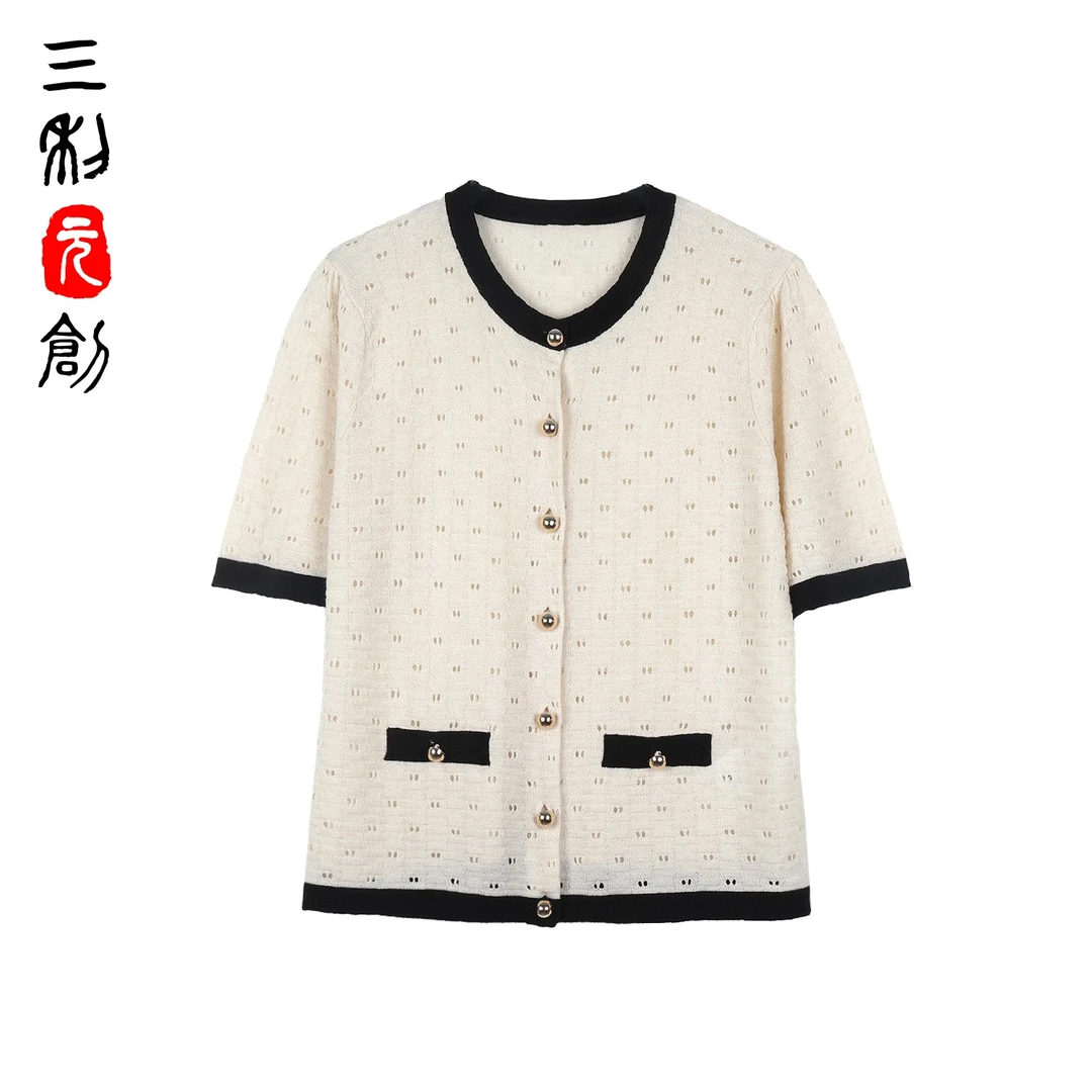 三利元创CHA*EL春夏高级精纺桑蚕丝羊绒经典小香风针织开衫5032