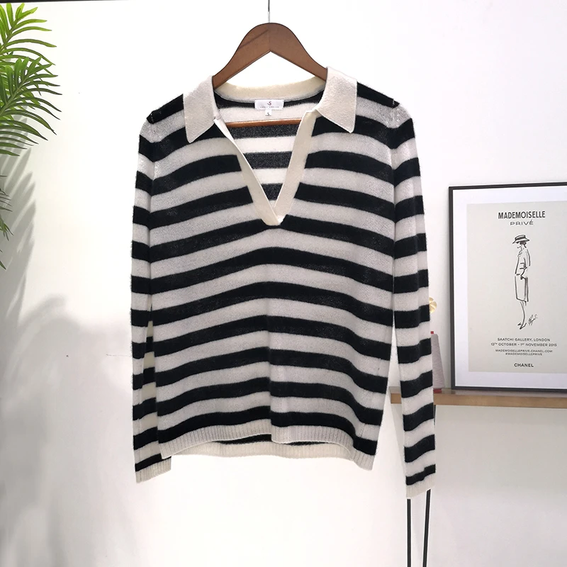 三利元创【亏清】山羊绒条纹半开领针织套衫3199