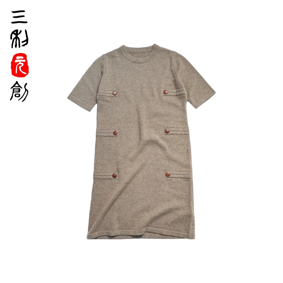 三利元创中式复古温婉含蓄山羊绒短袖连衣裙4230