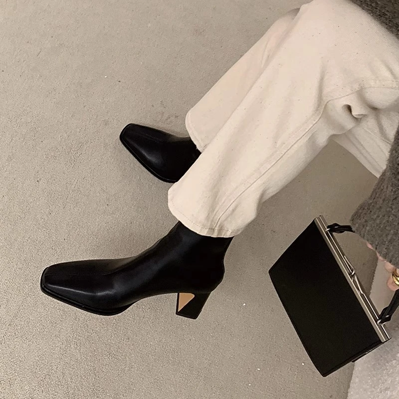 粗跟法式方头弹力瘦瘦靴高跟鞋女鞋秋冬新款百搭中跟黑色显瘦短靴