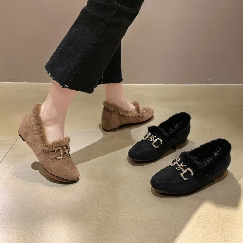 毛毛鞋女冬季外穿网红时尚尖头百搭内增高加绒保暖女士中跟乐福鞋
