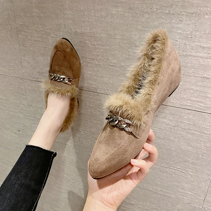 毛毛鞋女冬季外穿网红尖头内增高豆豆鞋加绒保暖女士妈妈棉鞋瓢鞋