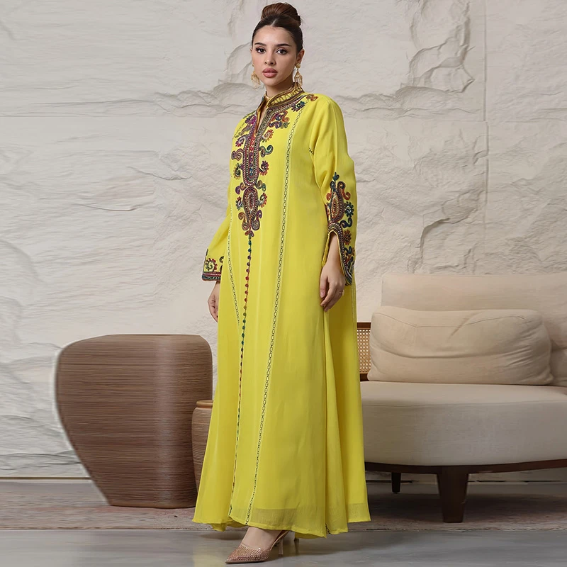 新款波西米亚度假风女装重工绳绣连衣裙宽松版遮肉阿拉伯传统长袍