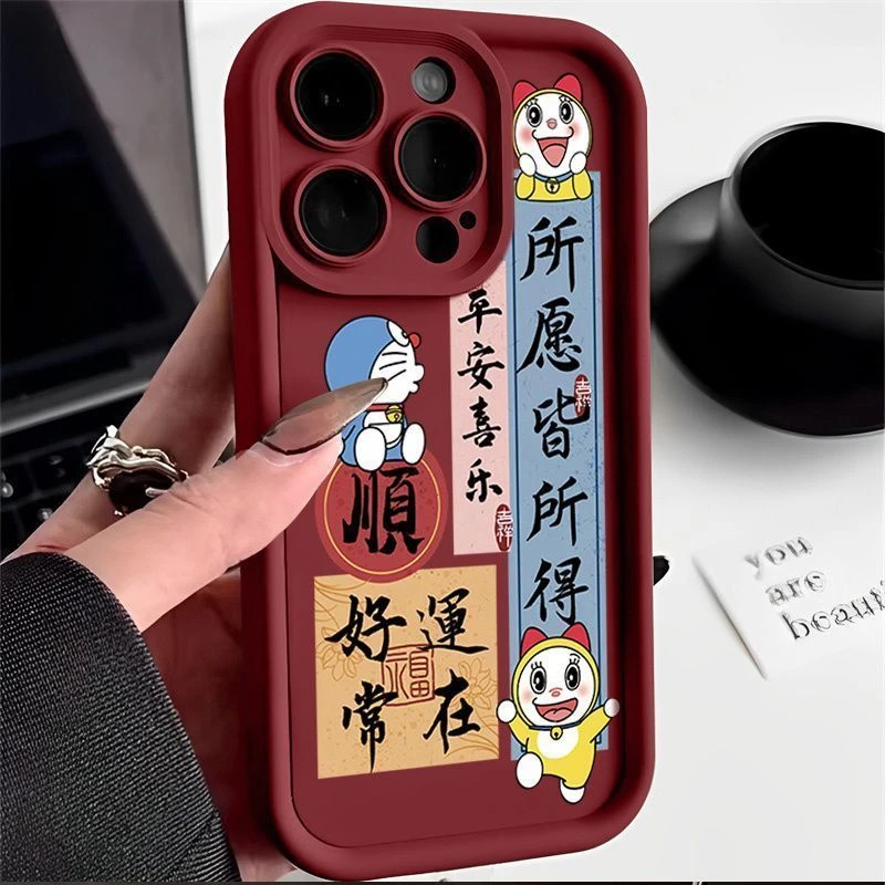 情侣好运叮当猫苹果15iPhone14手机壳13女12全包软防摔卡通中国风