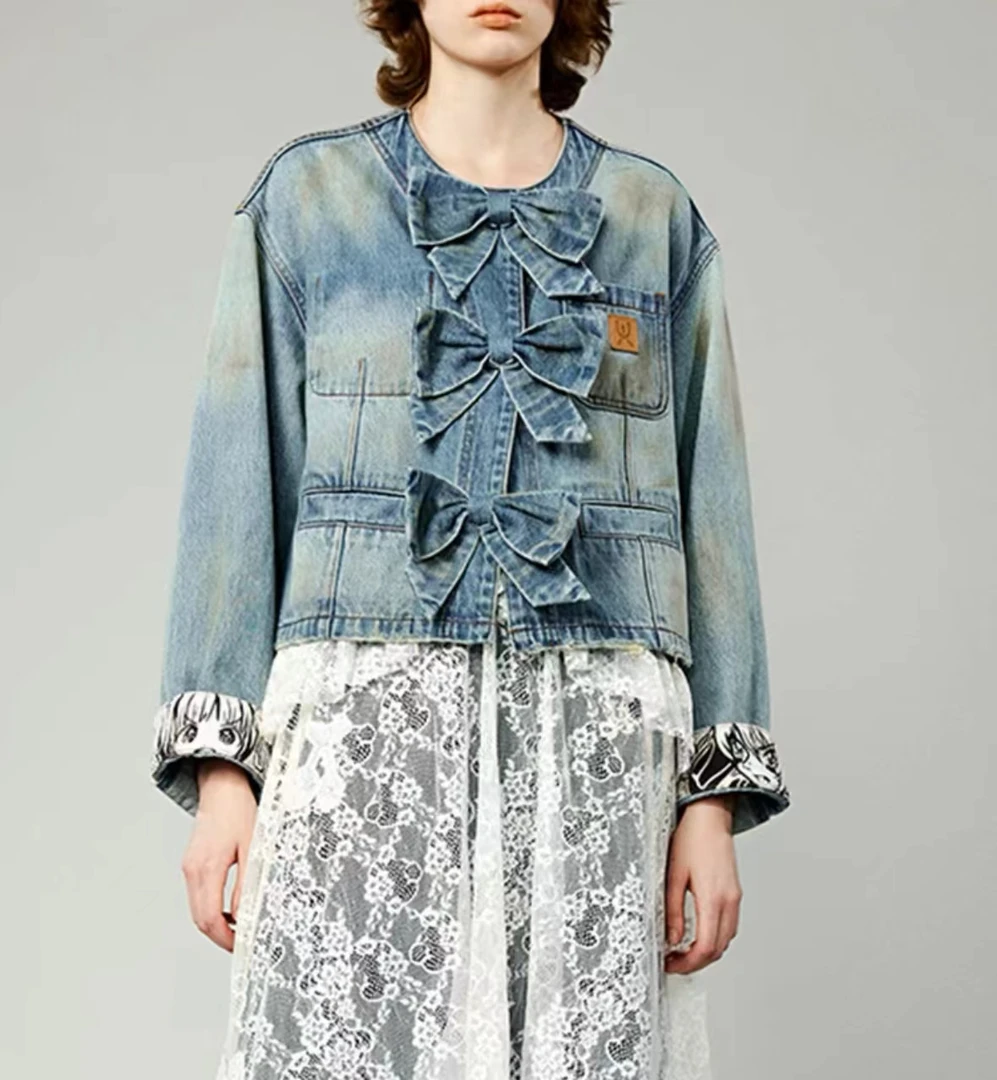 设计师款2024秋新款「天真的岁月」蝴蝶结小香风复古牛仔外套
