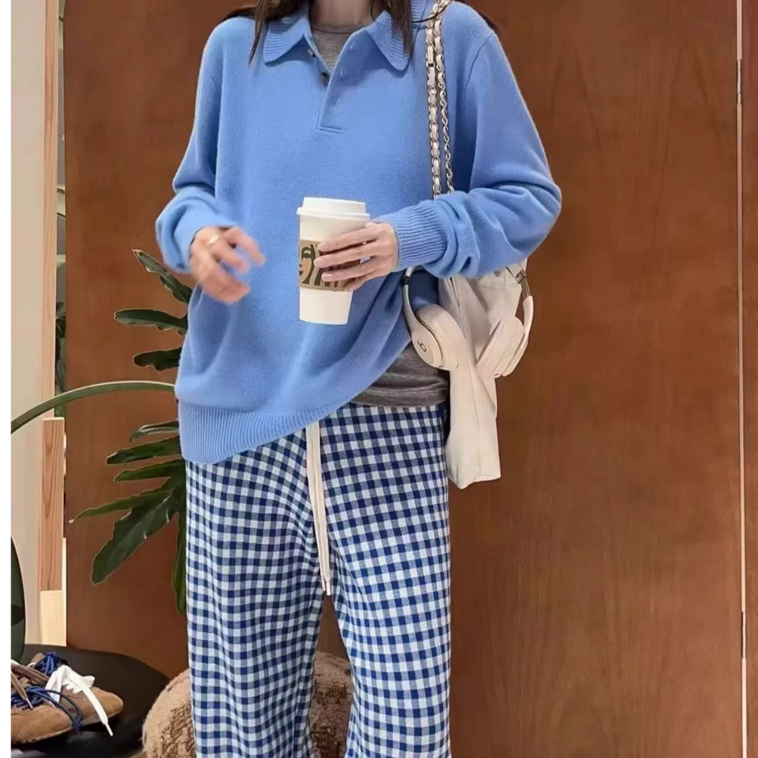 2024设计师秋季新品针织全羊绒Polo领宽松休闲套头长袖毛衣