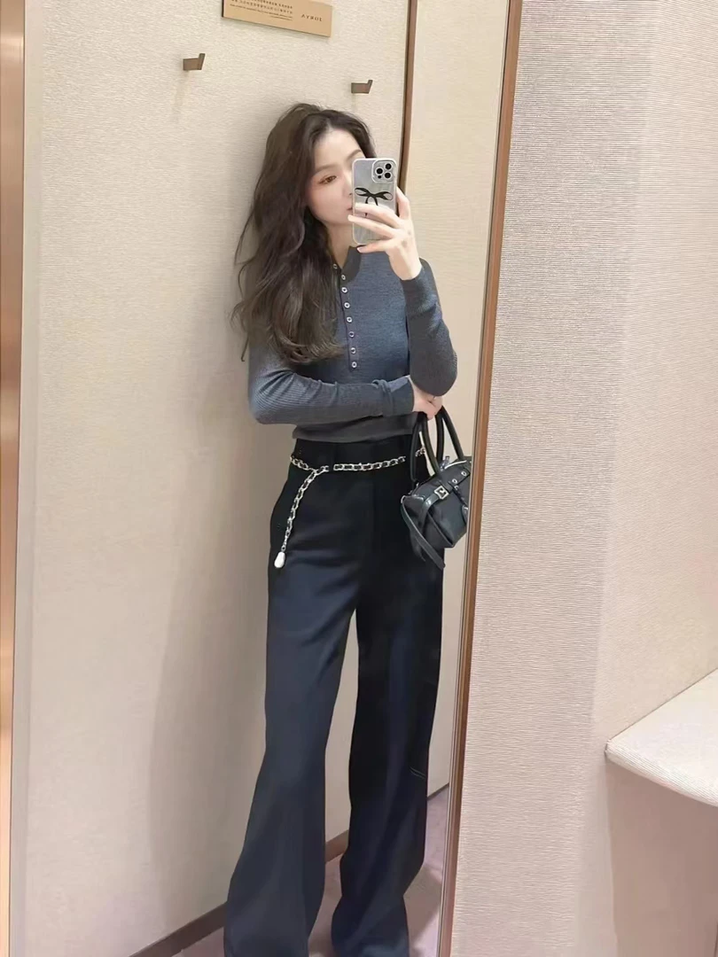 设计师款2024年秋季新款百搭时尚单排扣修身长袖针织衫上衣~ZY