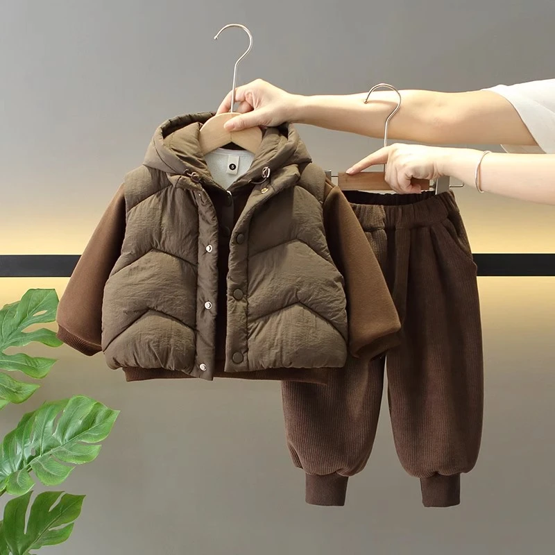 男童冬季加绒套装2024新款儿童洋气加厚冬装宝宝韩版马甲三件套潮