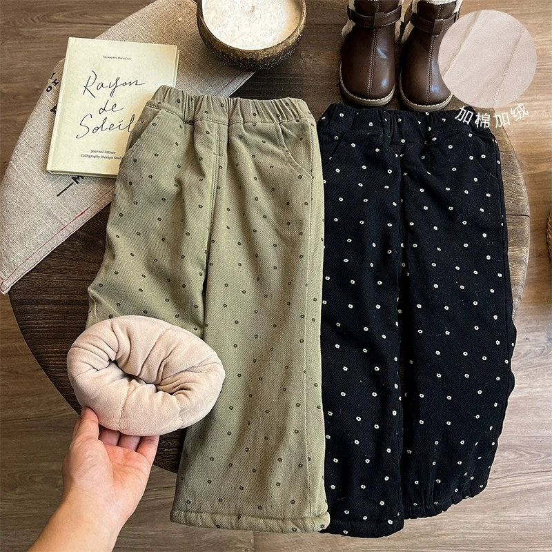 女童加绒裤子儿童棉裤冬季加厚女宝宝冬装喇叭裤小童三层夹棉加厚