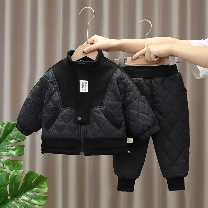 宝宝洋气冬装套装男童加绒加厚两件套婴幼儿童秋冬季夹棉衣服潮