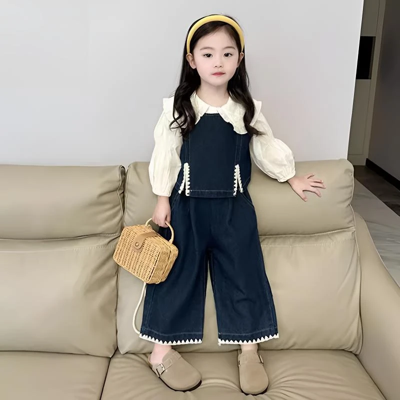 2025秋季新款女童时髦翻领衬衫套装中小童洋气百搭牛仔马甲休闲裤