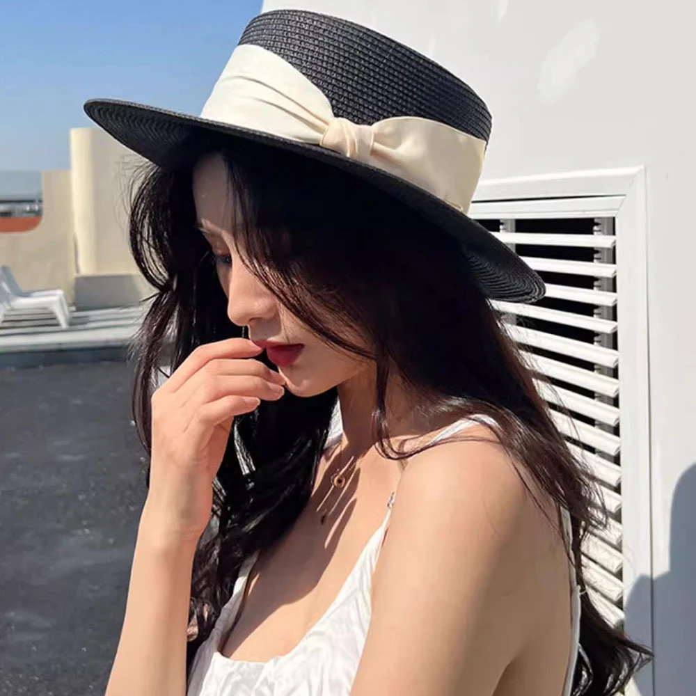 赫本风蝴蝶结草帽女法式度假海边沙滩太阳帽女夏季户外防晒遮阳帽