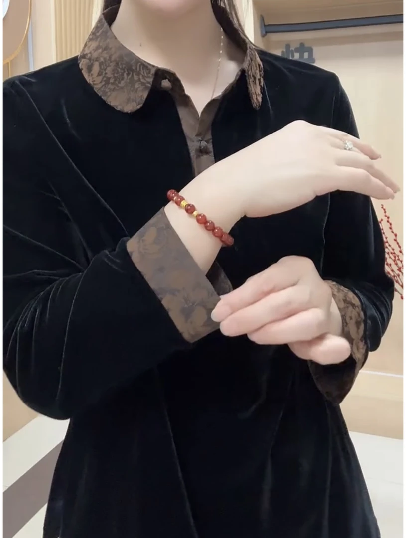 小翻领包扣丝绒上衣气质长袖网红时尚复古显瘦百搭黑色春秋