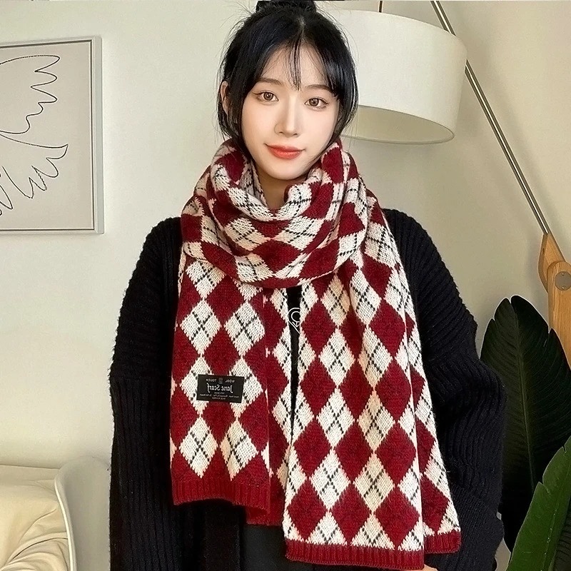 韩版菱形格子围巾女冬季韩版百搭学生秋冬加厚保暖红色格纹秋冬季