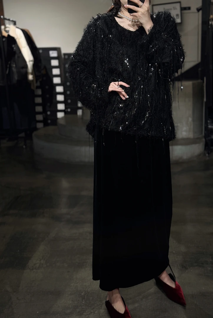 0089#大码女装时尚潮流百搭毛毛大衫女韩版洋气慵懒风流苏亮片