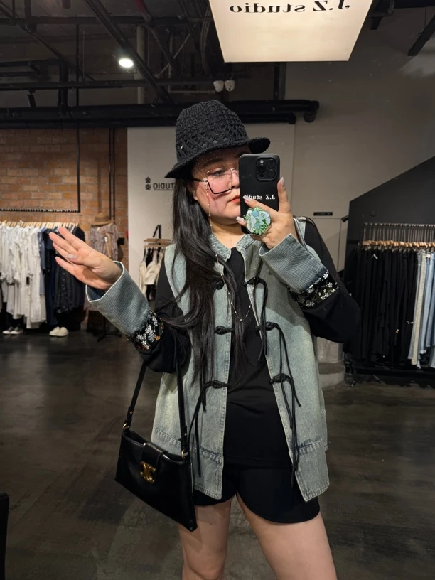 8915#春秋季新款国潮刺绣牛仔拼接 ——牛仔马甲T恤套装【二件套】