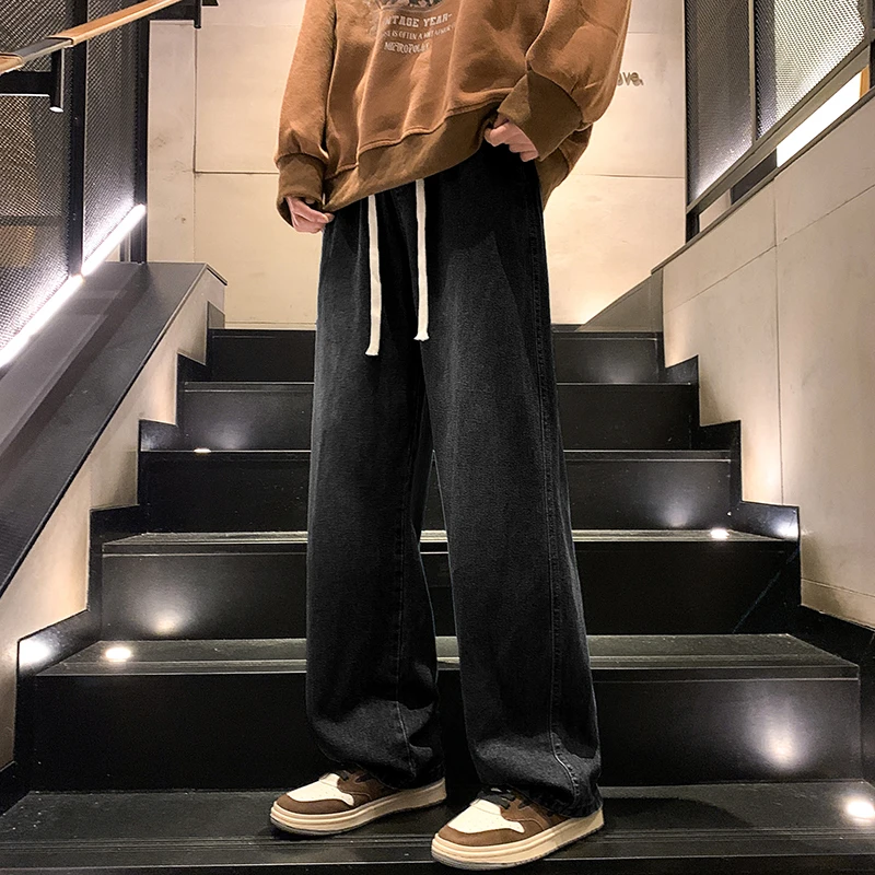 秋冬季直筒牛仔裤男款新款百搭阔腿男生黑灰色加绒美式拖地长裤子