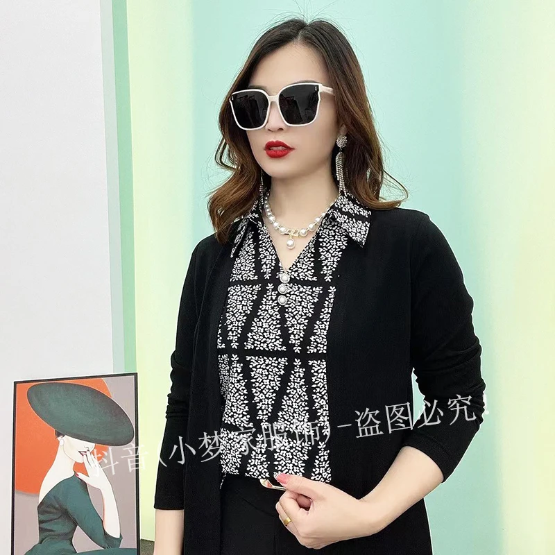 166#条纹碎花假两件衬衫女显瘦气质洋气长袖针织时尚百搭打底衫