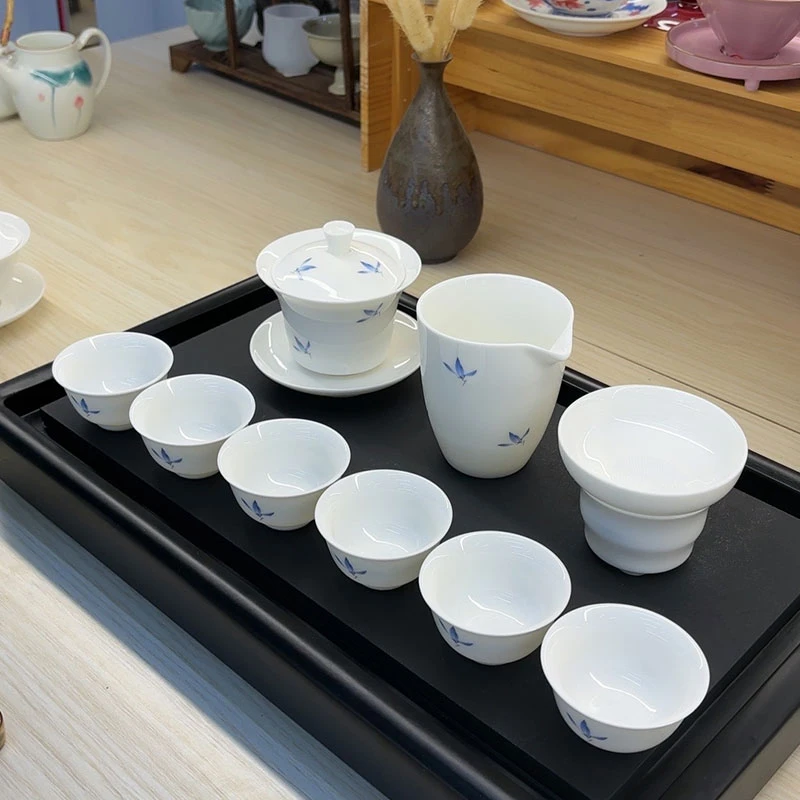蝴蝶兰羊脂玉茶具一套家用办公室会客泡茶德化盖碗茶杯瓷盖碗套装