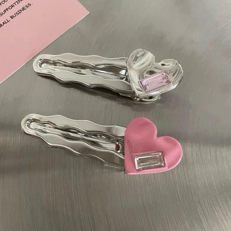 ins甜美酷风少女银色水钻爱心夹发夹少女心粉色爱心鸭嘴夹刘海夹