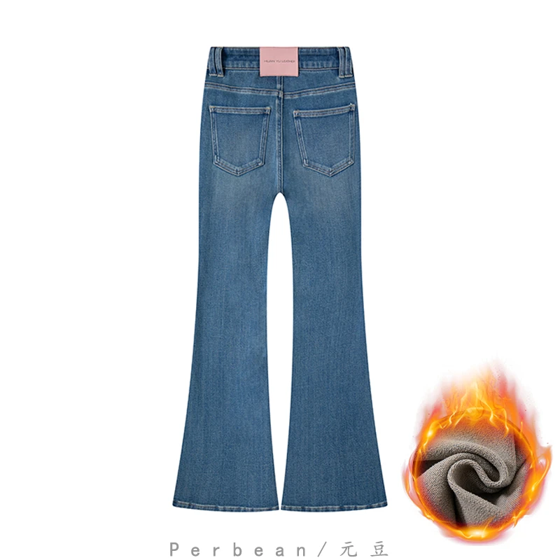 长腿秘籍/加绒卡布蓝牛仔裤女25秋冬新款高腰修身显瘦喇叭长裤