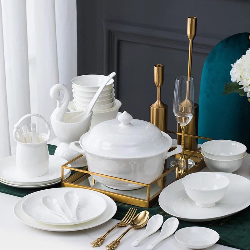 碗碟套装家用景德镇餐具套装简约纯白骨瓷陶瓷碗盘套装餐具