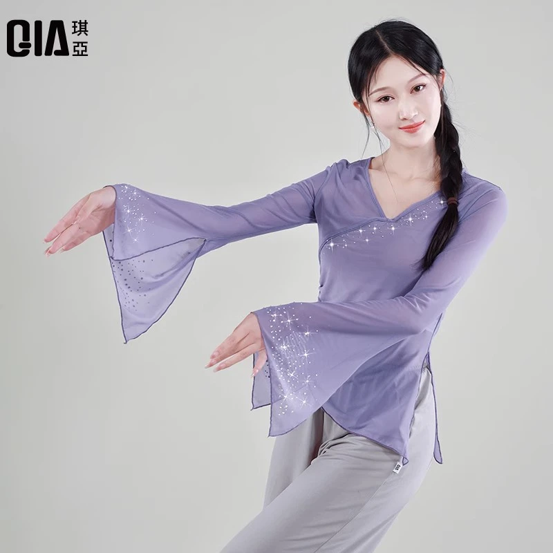 琪亚古典舞身韵纱衣练功服女烫钻V领中国民族舞艺考集训舞蹈服装