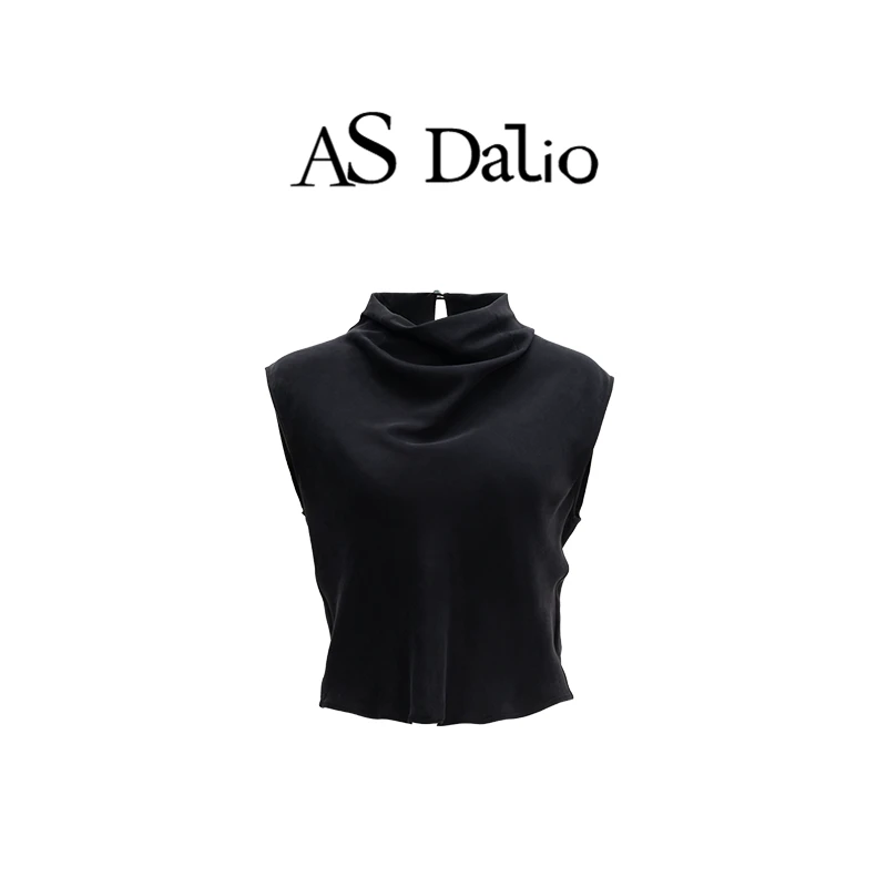 AS DALIO重磅砂洗进口铜氨丝荡领立裁无袖日常通勤女士上衣